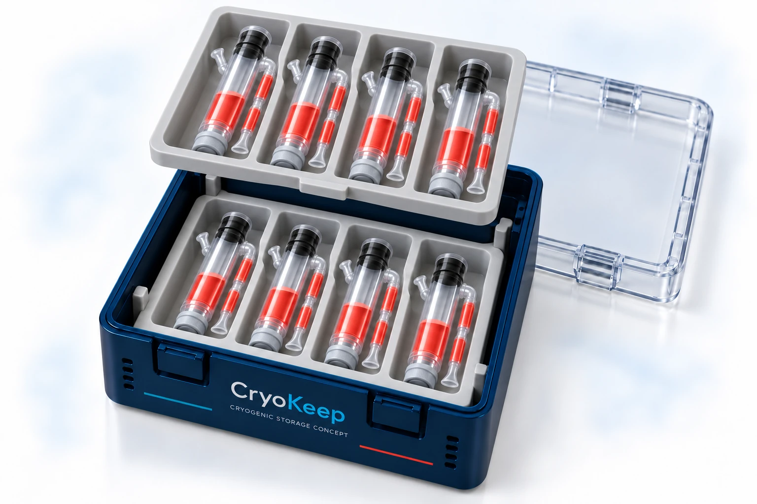 CryoKeep two-tier cryogenic storage box concept containing eight devices