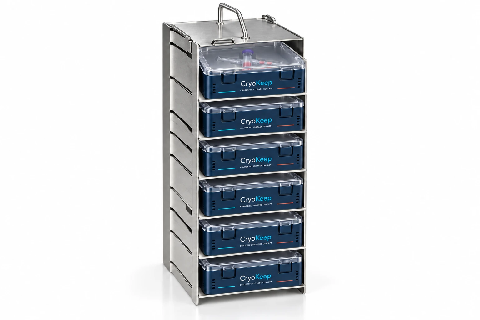 Rack with CryoKeep storage boxes, concept rendering